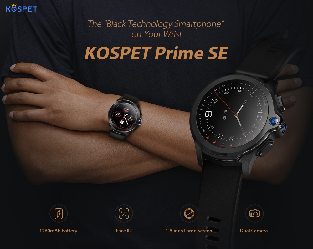 KOSPET Prime SE 4G Smart Watch Phone 1.6 inch Screen Dual Lens 1260mAh Battery 1G + 16G Wristwatch- Black
