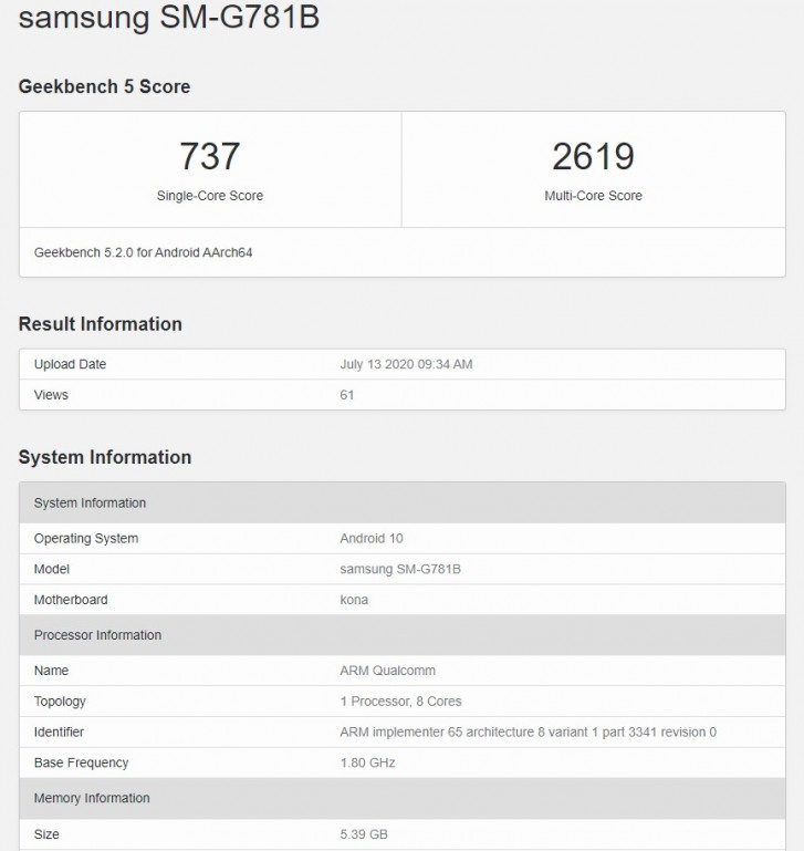 Galaxy S20 Lite SM-G781B Geekbench