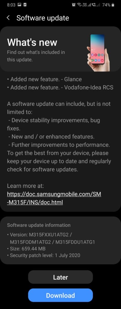 Samsung Galaxy M31 July 2020 Security Patch Udpate Glance Lockscreen Wallpaper service